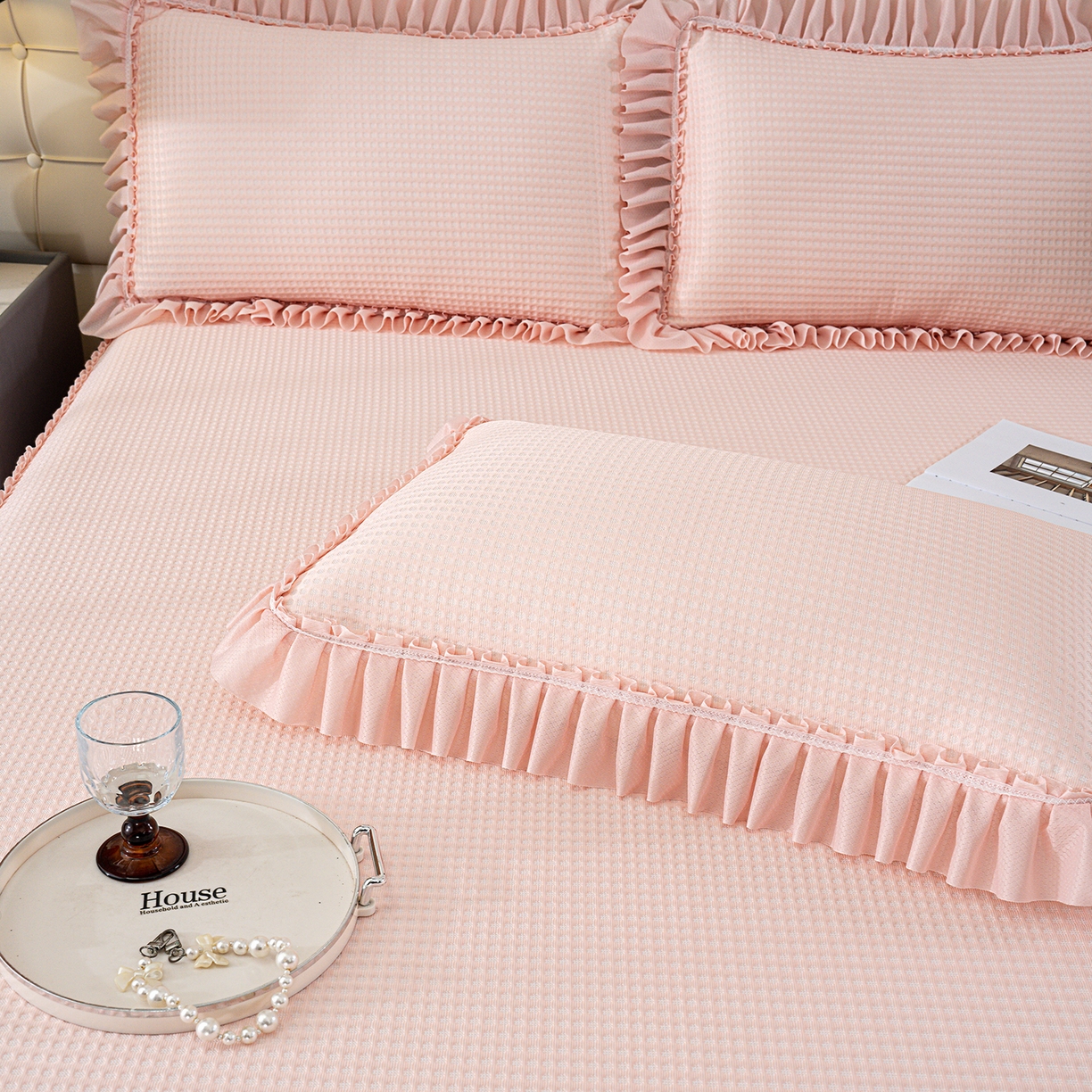 91家纺网 家纺一手货源 找家纺 禹祥家纺 2026新款直播热款3D按摩冰豆豆席子凉席床裙款 粉色