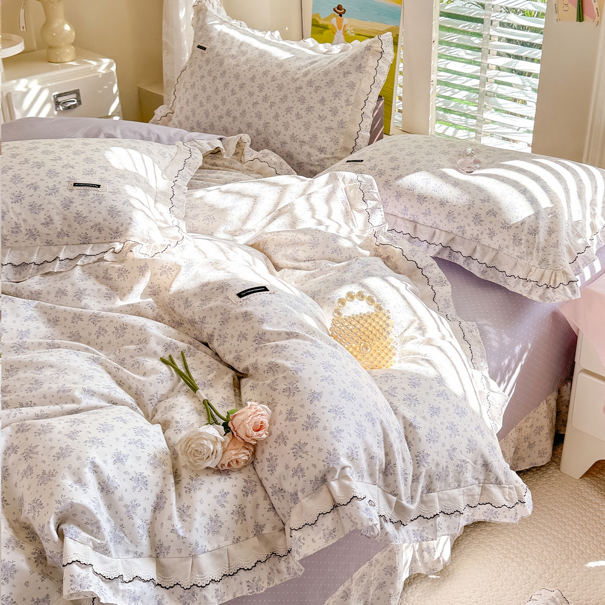 艾唯希家纺 2026新款全棉双层花边工艺四件套-第二批 樱时-蓝紫