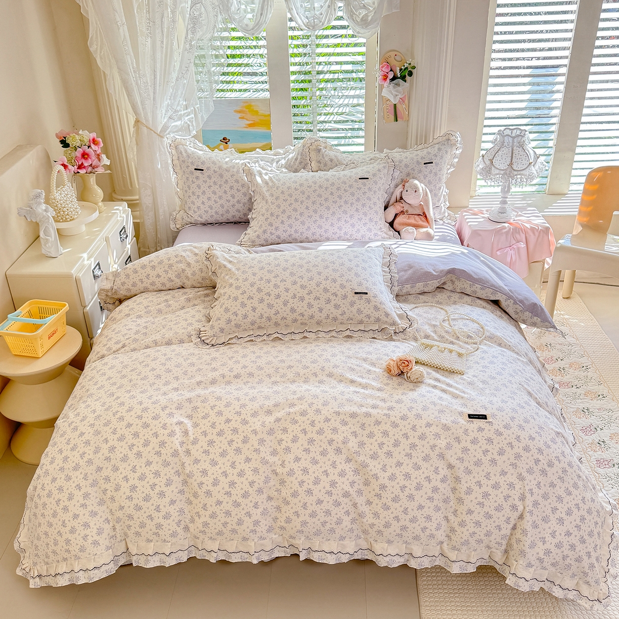 91家纺网 家纺一手货源 找家纺 艾唯希家纺 2026新款全棉双层花边工艺四件套-第二批 樱时-蓝紫