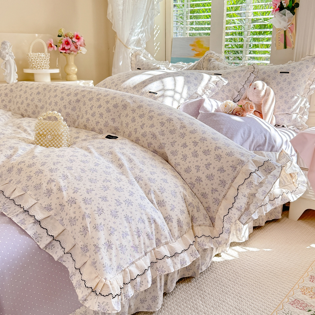 91家纺网 家纺一手货源 找家纺 艾唯希家纺 2026新款全棉双层花边工艺四件套-第二批 樱时-蓝紫