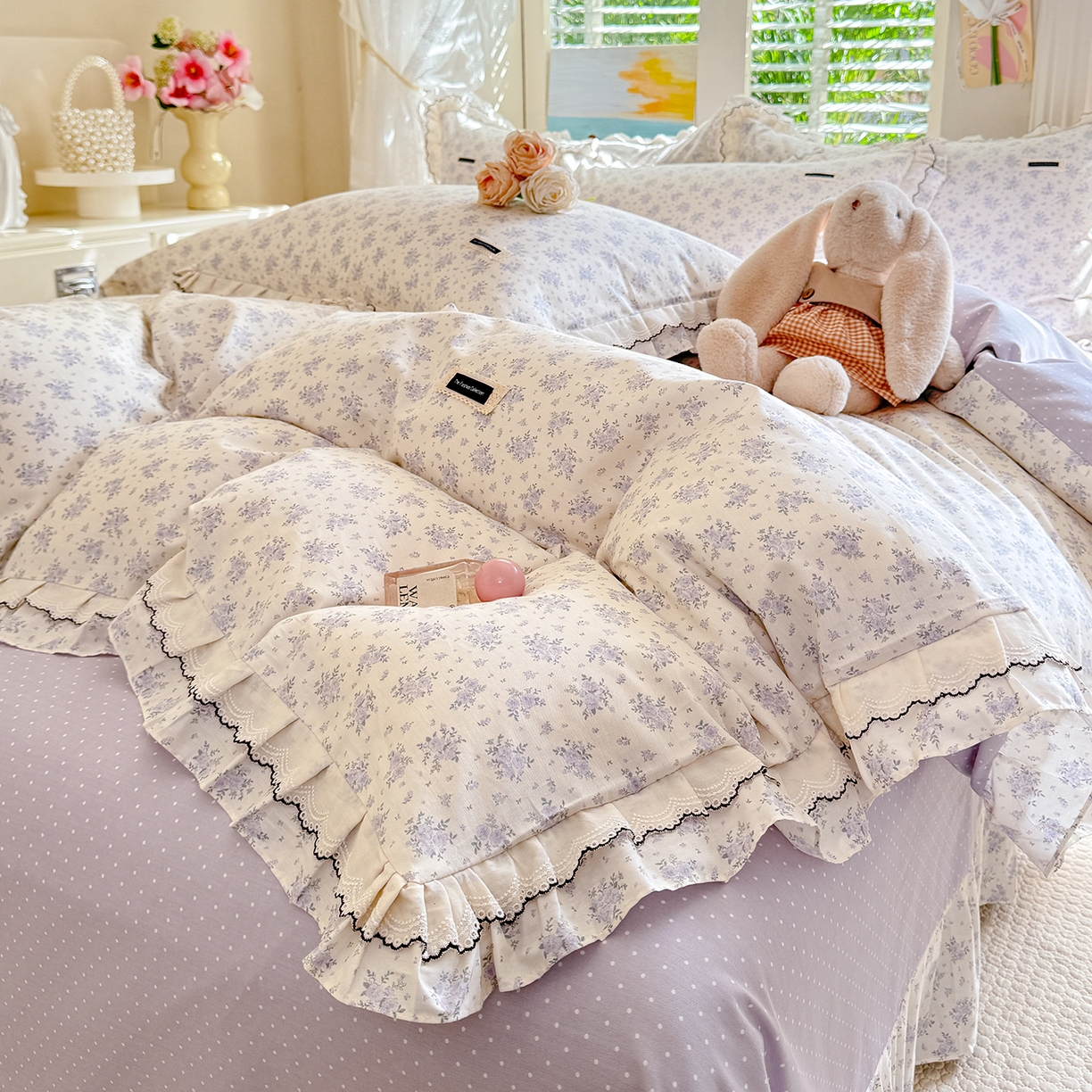91家纺网 家纺一手货源 找家纺 艾唯希家纺 2026新款全棉双层花边工艺四件套-第二批 樱时-蓝紫