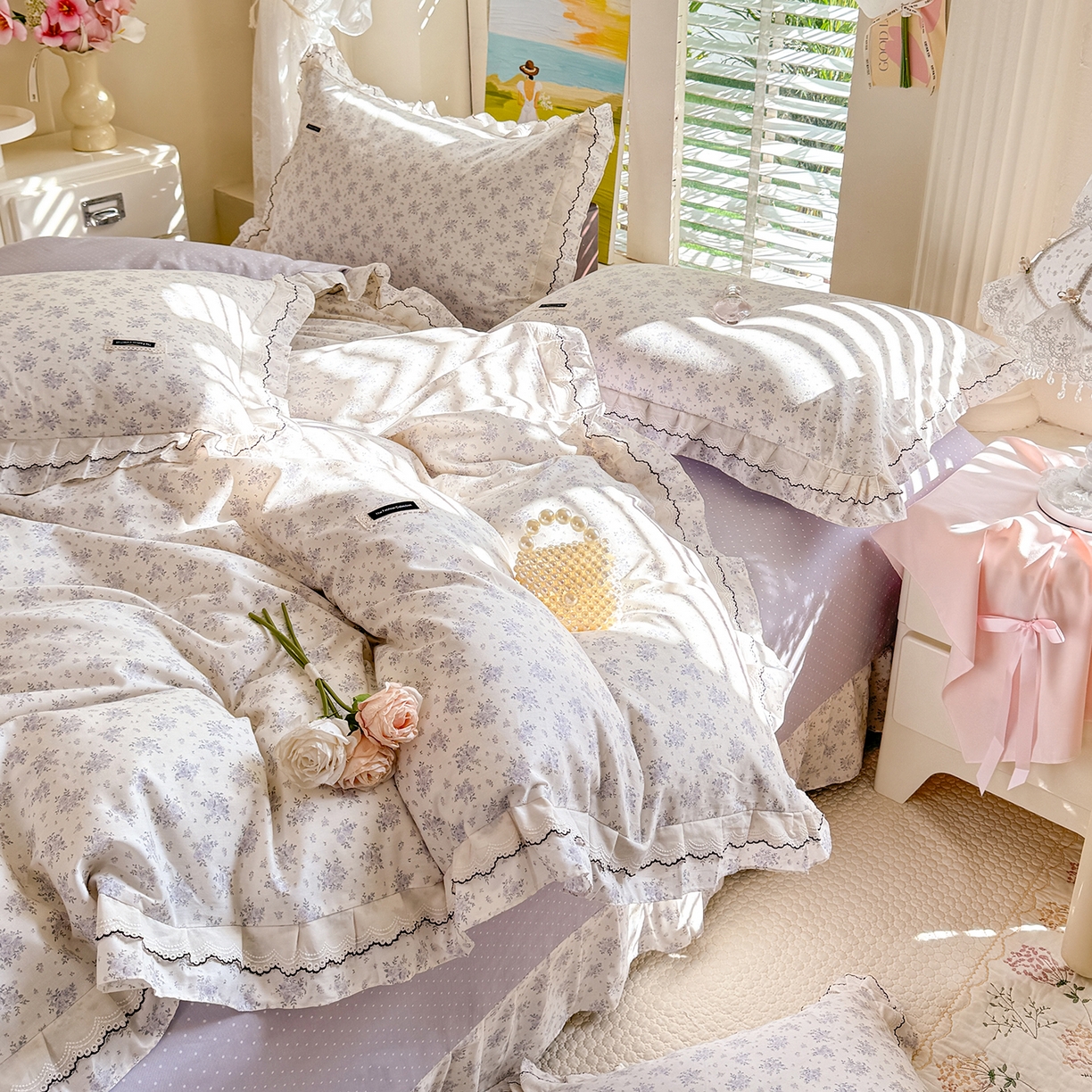 91家纺网 家纺一手货源 找家纺 艾唯希家纺 2026新款全棉双层花边工艺四件套-第二批 樱时-蓝紫