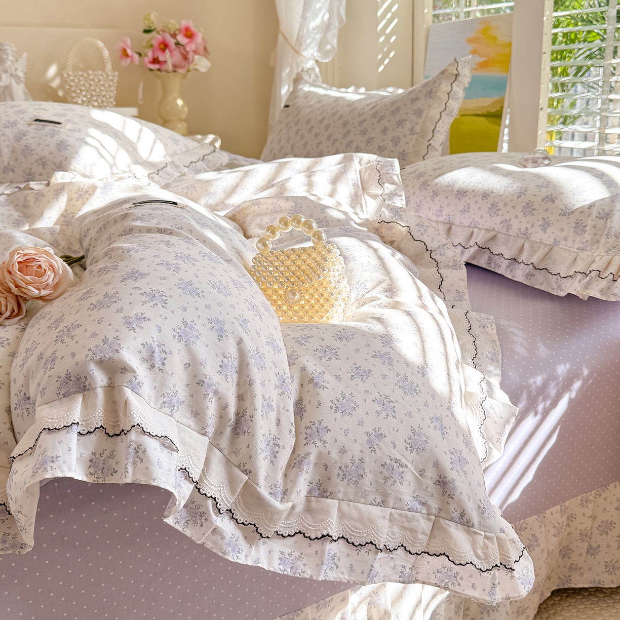 91家纺网 家纺一手货源 找家纺 艾唯希家纺 2026新款全棉双层花边工艺四件套-第二批 樱时-蓝紫