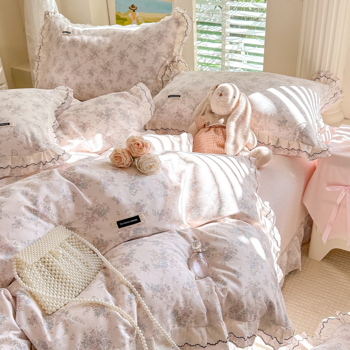 艾唯希家纺 2026新款全棉双层花边工艺四件套-第二批 粉嫣花恋