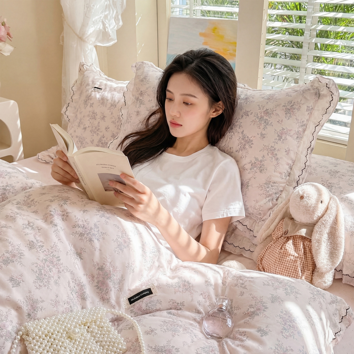 91家纺网 家纺一手货源 找家纺 艾唯希家纺 2026新款全棉双层花边工艺四件套-第二批 粉嫣花恋