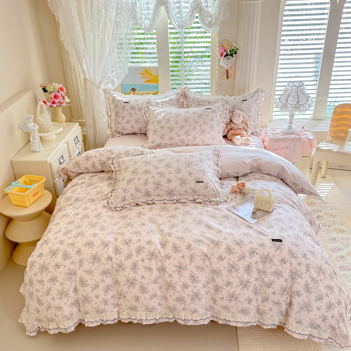 91家纺网 家纺一手货源 找家纺 艾唯希家纺 2026新款全棉双层花边工艺四件套-第二批 粉嫣花恋