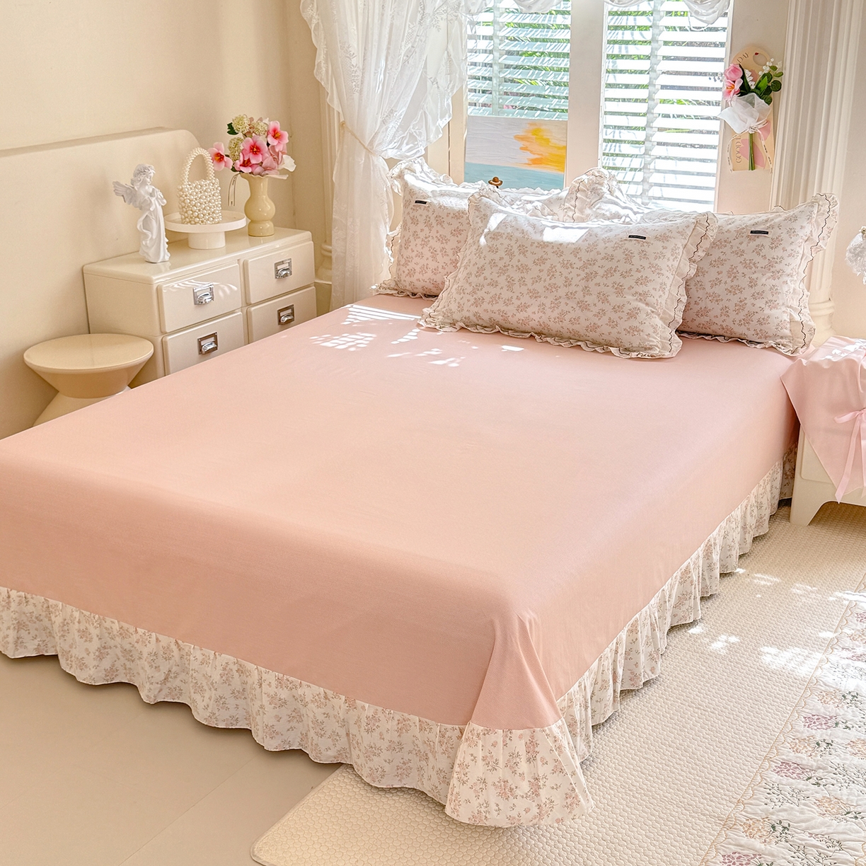 91家纺网 家纺一手货源 找家纺 艾唯希家纺 2026新款全棉双层花边工艺四件套-第二批 桃霓-粉