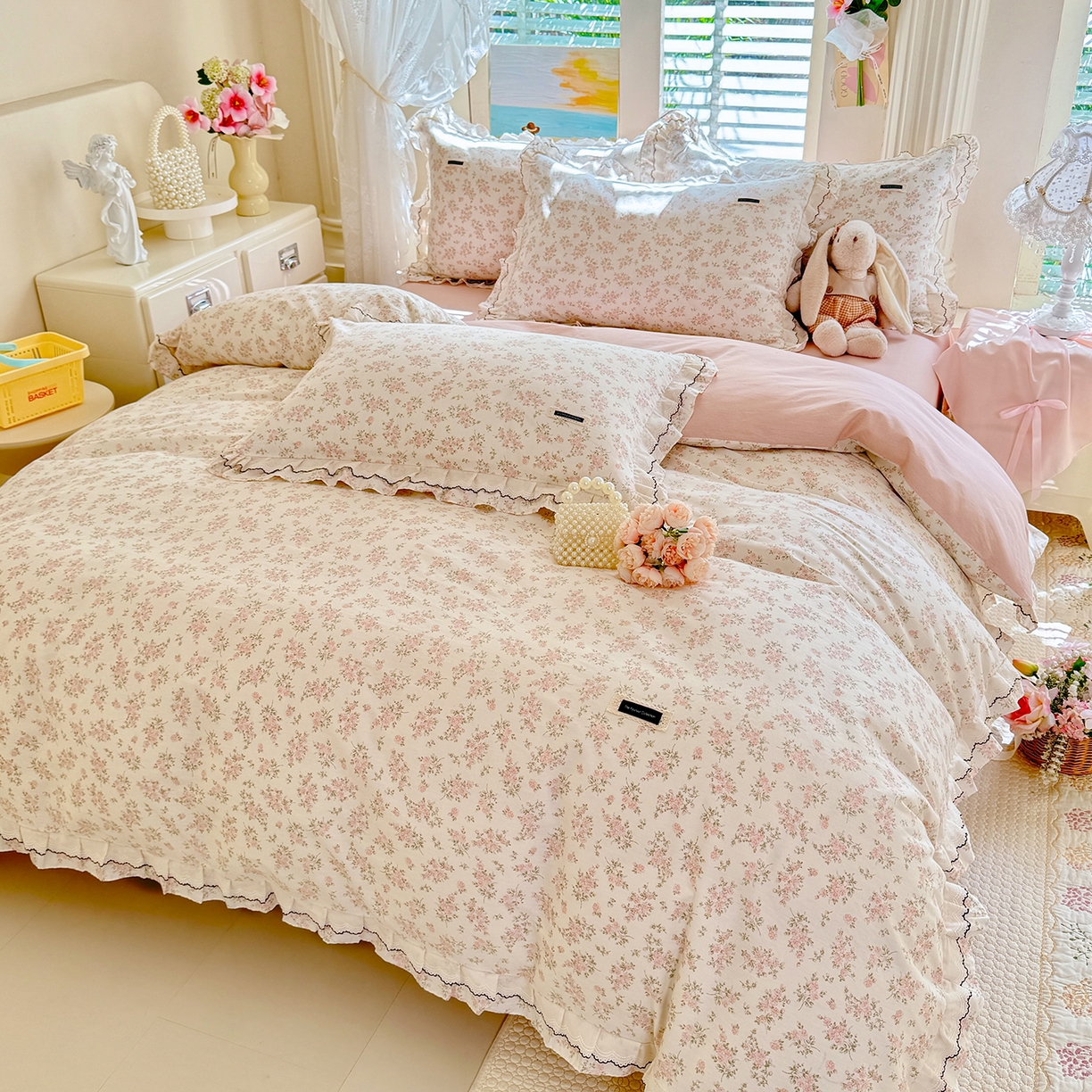 91家纺网 家纺一手货源 找家纺 艾唯希家纺 2026新款全棉双层花边工艺四件套-第二批 桃霓-粉