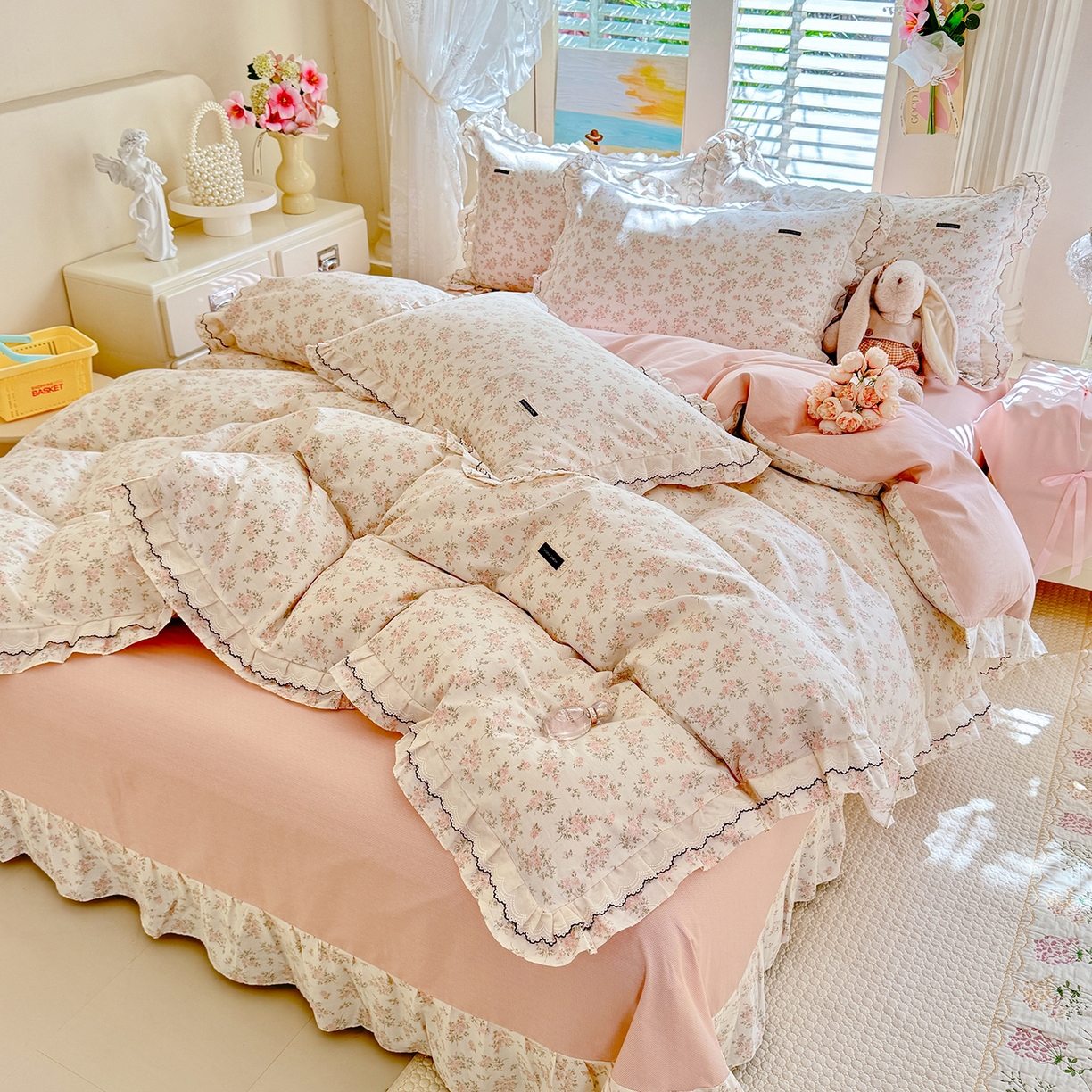 91家纺网 家纺一手货源 找家纺 艾唯希家纺 2026新款全棉双层花边工艺四件套-第二批 桃霓-粉
