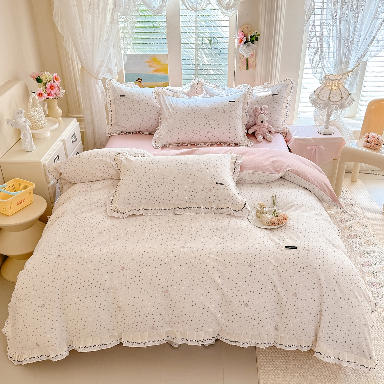 91家纺网 家纺一手货源 找家纺 艾唯希家纺 2026新款全棉双层花边工艺四件套-第二批 樱桃香