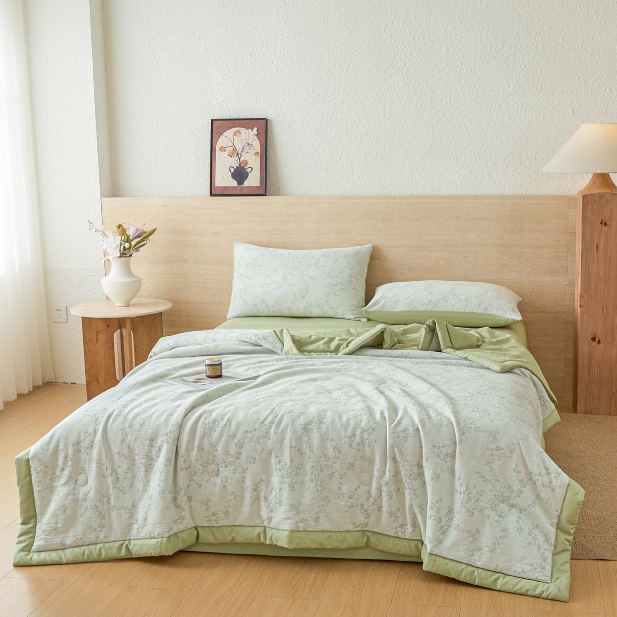 91家纺网 家纺一手货源 找家纺 吾秀家居 2026新款全棉色织提花三层纱夏被夏凉被空调被-华美 香水繁花-绿