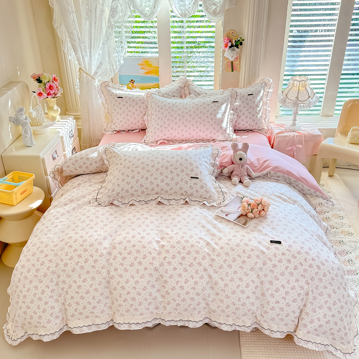 91家纺网 家纺一手货源 找家纺 艾唯希家纺 2026新款全棉双层花边工艺四件套-第二批 樱时-粉