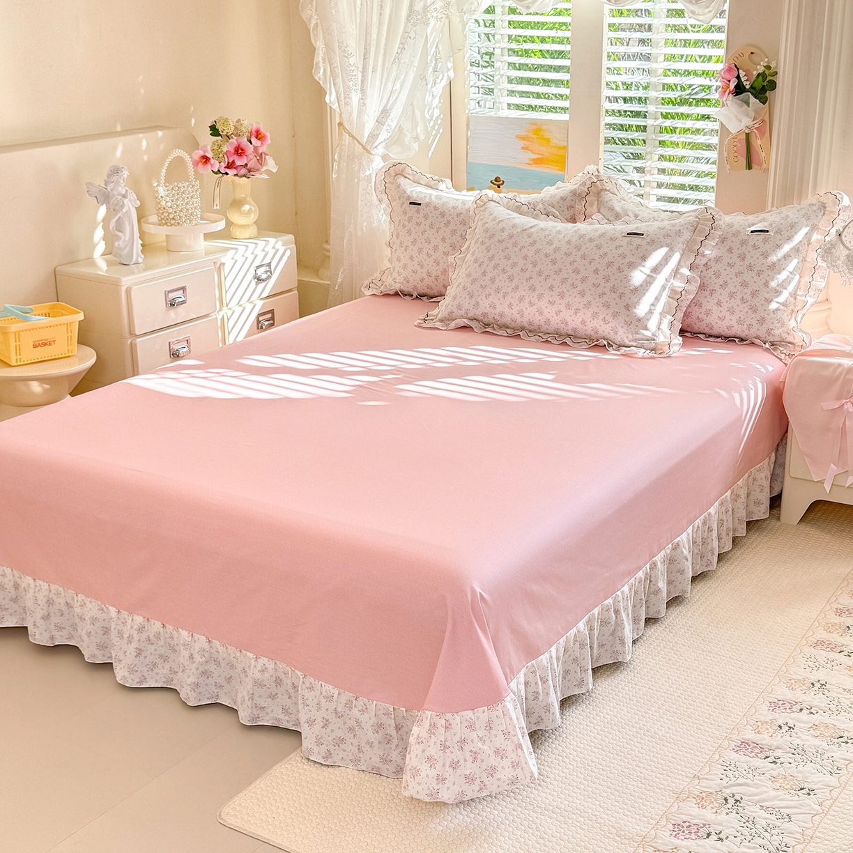 91家纺网 家纺一手货源 找家纺 艾唯希家纺 2026新款全棉双层花边工艺四件套-第二批 樱时-粉