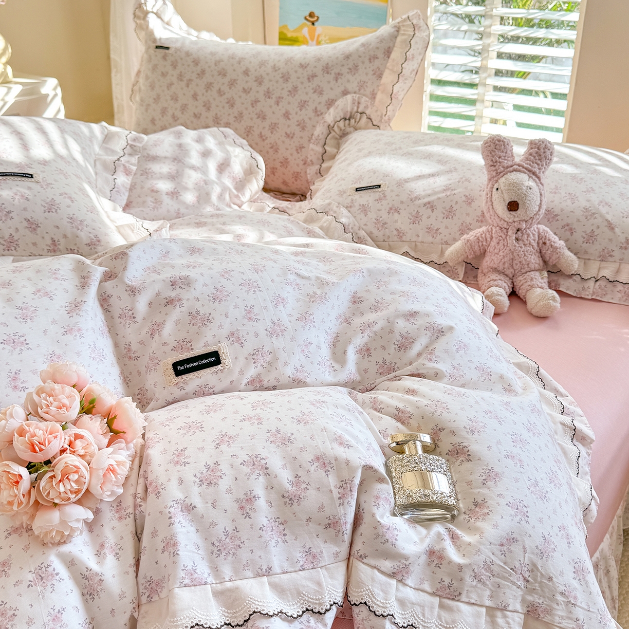 91家纺网 家纺一手货源 找家纺 艾唯希家纺 2026新款全棉双层花边工艺四件套-第二批 樱时-粉