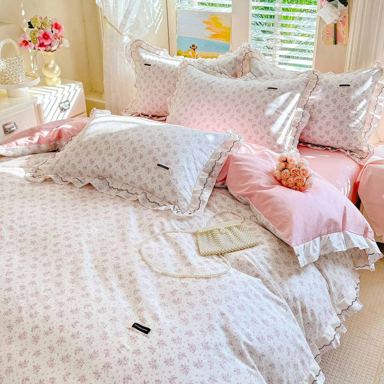 91家纺网 家纺一手货源 找家纺 艾唯希家纺 2026新款全棉双层花边工艺四件套-第二批 樱时-粉