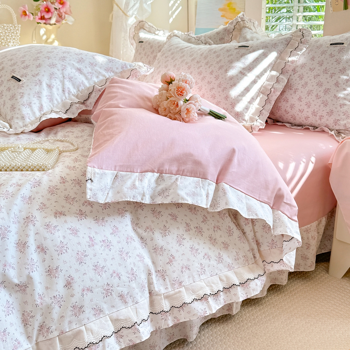 91家纺网 家纺一手货源 找家纺 艾唯希家纺 2026新款全棉双层花边工艺四件套-第二批 樱时-粉