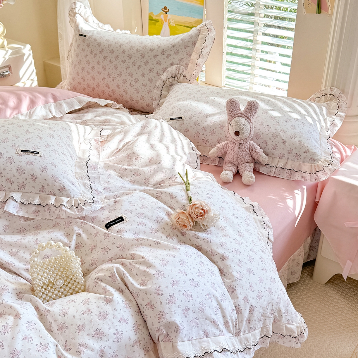 91家纺网 家纺一手货源 找家纺 艾唯希家纺 2026新款全棉双层花边工艺四件套-第二批 樱时-粉