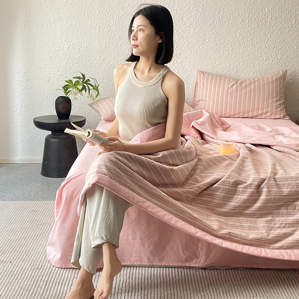 91家纺网 家纺一手货源 找家纺 吾秀家居 2026新款棉色织提花水洗棉大豆夏被夏凉被空调被-摩卡 摩卡粉