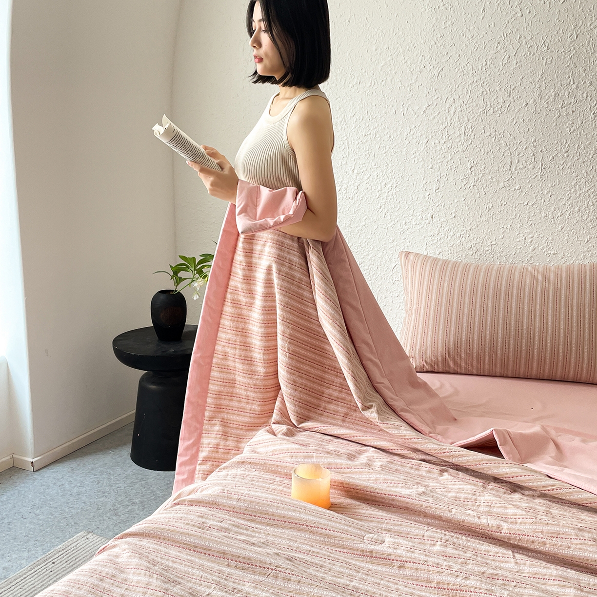 91家纺网 家纺一手货源 找家纺 吾秀家居 2026新款棉色织提花水洗棉大豆夏被夏凉被空调被-摩卡 摩卡粉