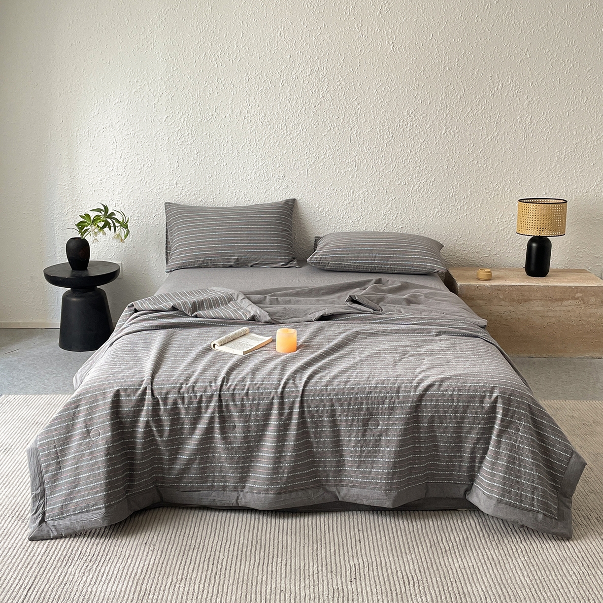 91家纺网 家纺一手货源 找家纺 吾秀家居 2026新款棉色织提花水洗棉大豆夏被夏凉被空调被-摩卡 摩卡灰