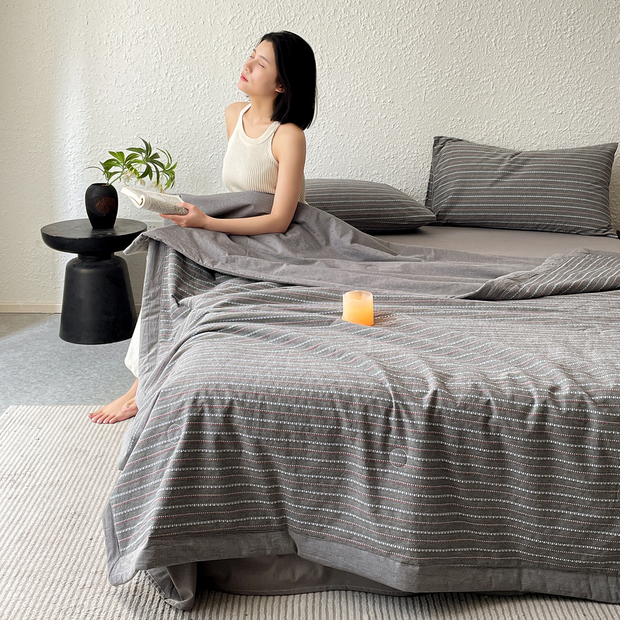 91家纺网 家纺一手货源 找家纺 吾秀家居 2026新款棉色织提花水洗棉大豆夏被夏凉被空调被-摩卡 摩卡灰