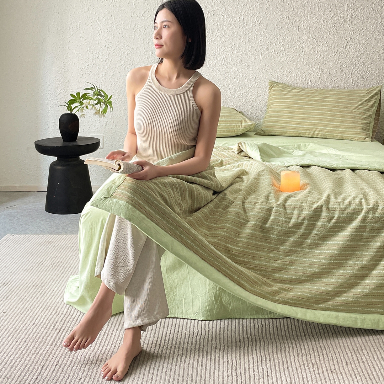 91家纺网 家纺一手货源 找家纺 吾秀家居 2026新款棉色织提花水洗棉大豆夏被夏凉被空调被-摩卡 摩卡绿