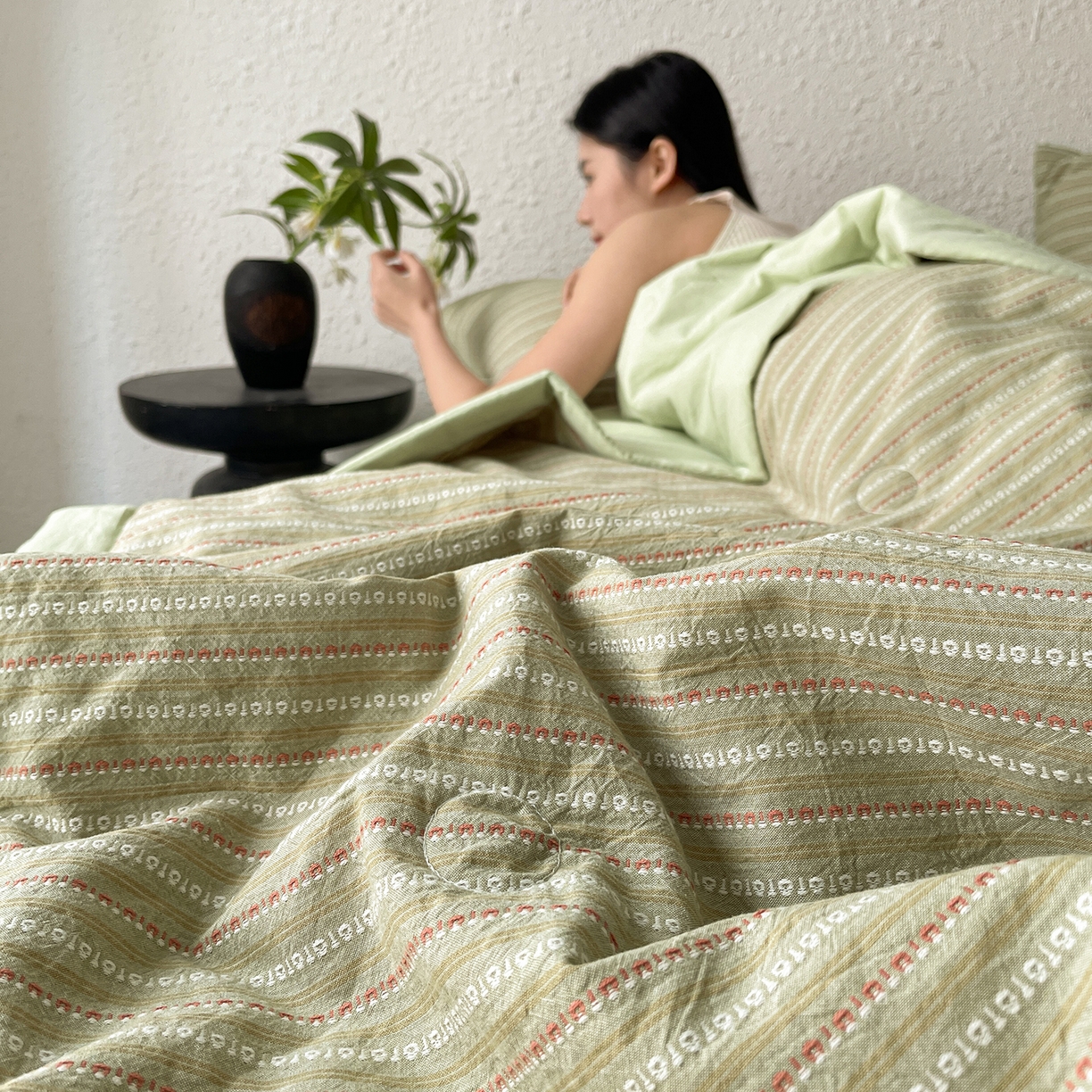 91家纺网 家纺一手货源 找家纺 吾秀家居 2026新款棉色织提花水洗棉大豆夏被夏凉被空调被-摩卡 摩卡绿