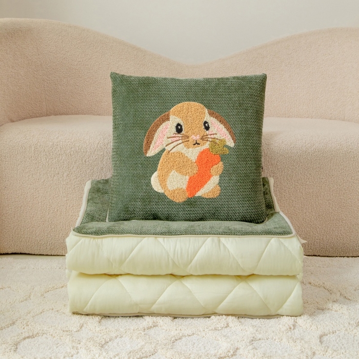 91家纺网 家纺一手货源 找家纺 新奇异 2025新款卡通毛巾绣抱枕被-四季通用磨毛款可爱狗+萝卜兔系列 萝卜兔-绿色四季款