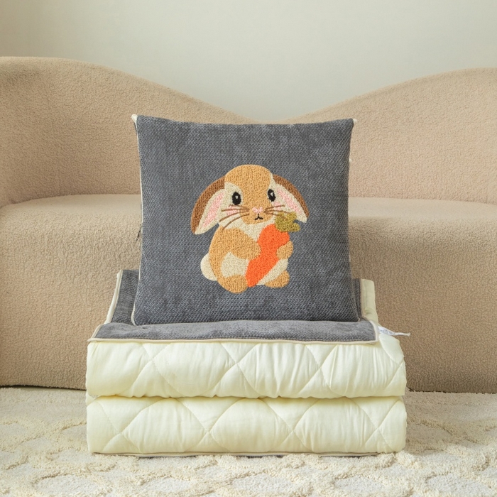 91家纺网 家纺一手货源 找家纺 新奇异 2025新款卡通毛巾绣抱枕被-四季通用磨毛款可爱狗+萝卜兔系列 萝卜兔-深灰四季款