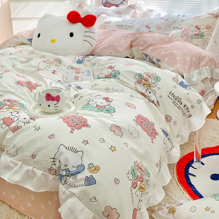 91家纺网 家纺一手货源 找家纺 朵希曼 2026新款全棉纯棉三丽鸥花边款四件套 花边款-甜心凯蒂