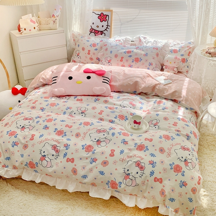 91家纺网 家纺一手货源 找家纺 朵希曼 2026新款全棉纯棉三丽鸥花边款四件套 花边款-花花凯蒂