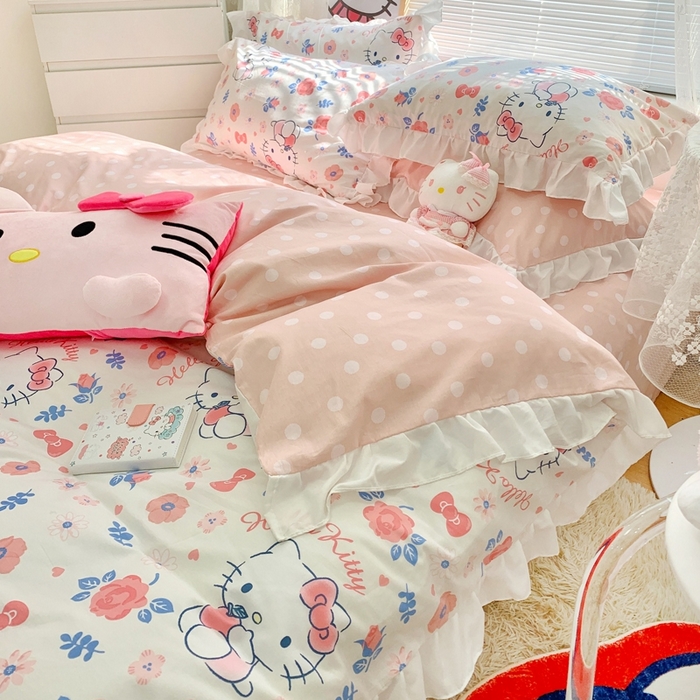 91家纺网 家纺一手货源 找家纺 朵希曼 2026新款全棉纯棉三丽鸥花边款四件套 花边款-花花凯蒂