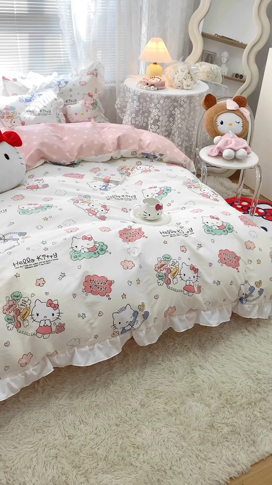 91家纺网 家纺一手货源 找家纺 朵希曼 2026新款全棉纯棉三丽鸥花边款四件套 花边款-甜心凯蒂