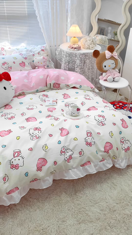 91家纺网 家纺一手货源 找家纺 朵希曼 2026新款全棉纯棉三丽鸥花边款四件套 花边款-公主凯蒂