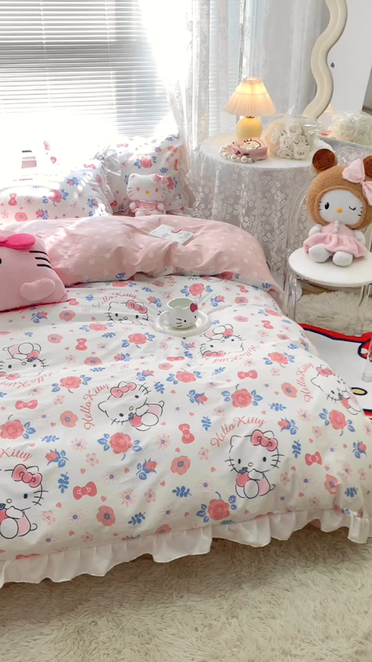 91家纺网 家纺一手货源 找家纺 朵希曼 2026新款全棉纯棉三丽鸥花边款四件套 花边款-花花凯蒂