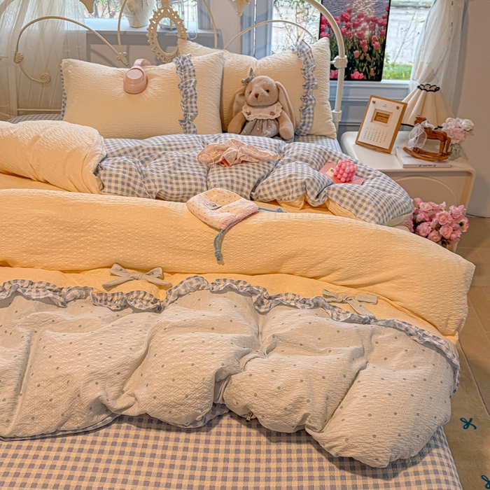 91家纺网 家纺一手货源 找家纺 子钦家纺 2026春夏新款提花泡芙棉甜系格子软乎乎的治愈床品花边蝴蝶结床单床笠四件套-邹邹奶芙 邹邹奶芙-海盐蓝波点