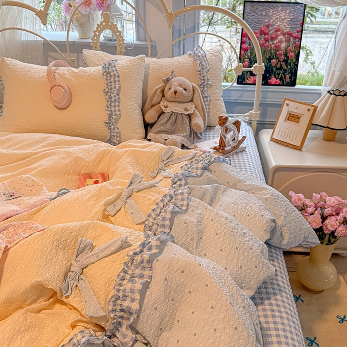 子钦家纺 2026春夏新款提花泡芙棉甜系格子软乎乎的治愈床品花边蝴蝶结床单床笠四件套-邹邹奶芙 邹邹奶芙-海盐蓝波点