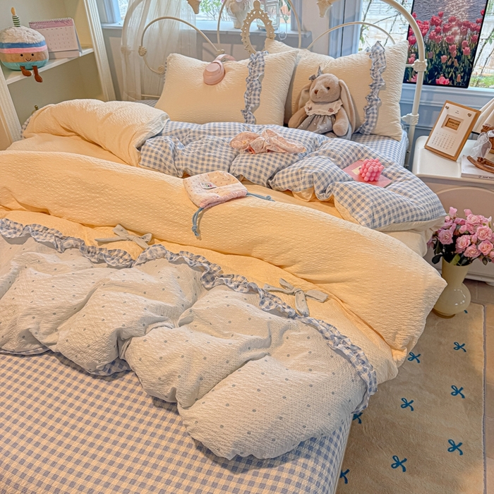 91家纺网 家纺一手货源 找家纺 子钦家纺 2026春夏新款提花泡芙棉甜系格子软乎乎的治愈床品花边蝴蝶结床单床笠四件套-邹邹奶芙 邹邹奶芙-海盐蓝波点