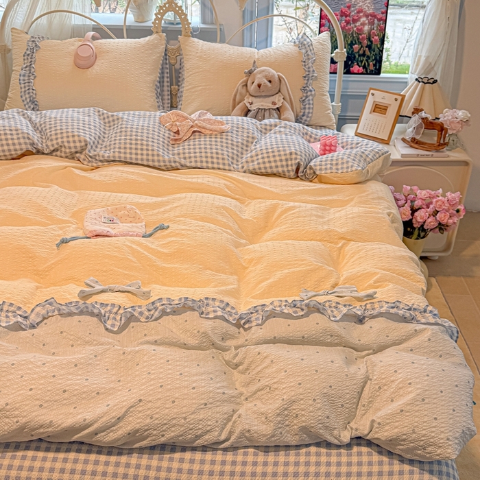 91家纺网 家纺一手货源 找家纺 子钦家纺 2026春夏新款提花泡芙棉甜系格子软乎乎的治愈床品花边蝴蝶结床单床笠四件套-邹邹奶芙 邹邹奶芙-海盐蓝波点