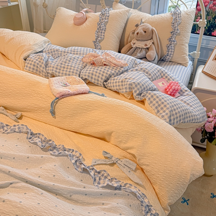 91家纺网 家纺一手货源 找家纺 子钦家纺 2026春夏新款提花泡芙棉甜系格子软乎乎的治愈床品花边蝴蝶结床单床笠四件套-邹邹奶芙 邹邹奶芙-海盐蓝波点