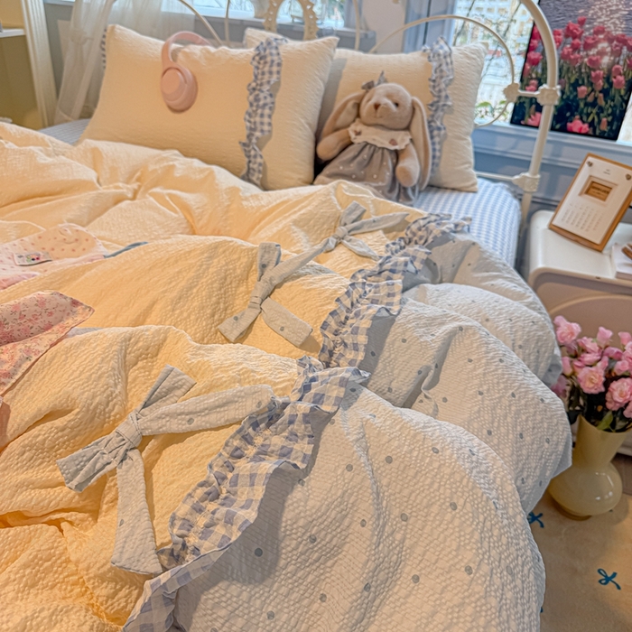 91家纺网 家纺一手货源 找家纺 子钦家纺 2026春夏新款提花泡芙棉甜系格子软乎乎的治愈床品花边蝴蝶结床单床笠四件套-邹邹奶芙 邹邹奶芙-海盐蓝波点