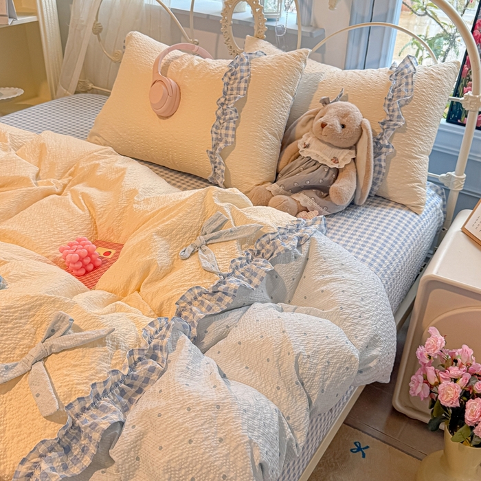 91家纺网 家纺一手货源 找家纺 子钦家纺 2026春夏新款提花泡芙棉甜系格子软乎乎的治愈床品花边蝴蝶结床单床笠四件套-邹邹奶芙 邹邹奶芙-海盐蓝波点