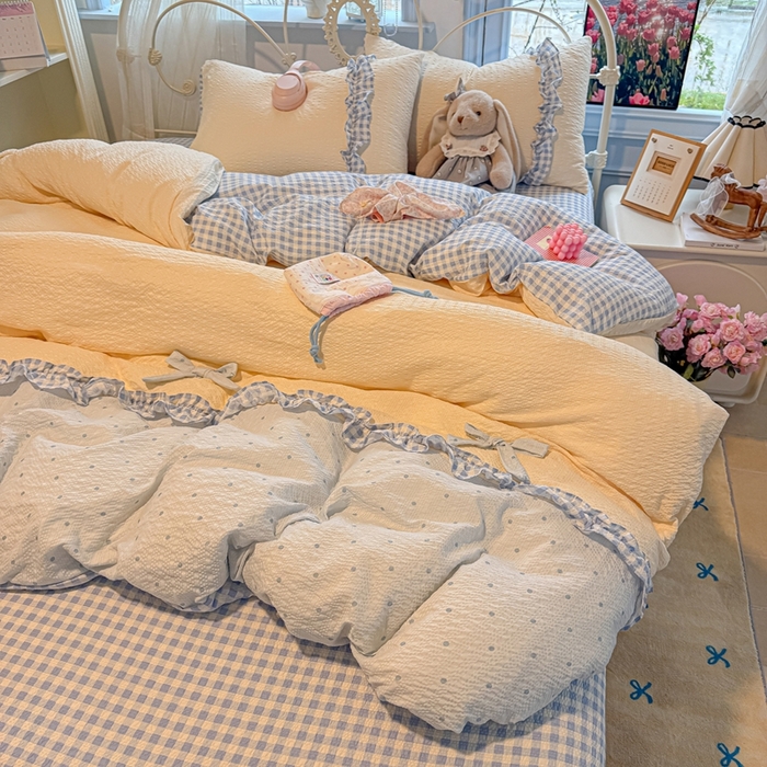 91家纺网 家纺一手货源 找家纺 子钦家纺 2026春夏新款提花泡芙棉甜系格子软乎乎的治愈床品花边蝴蝶结床单床笠四件套-邹邹奶芙 邹邹奶芙-海盐蓝波点