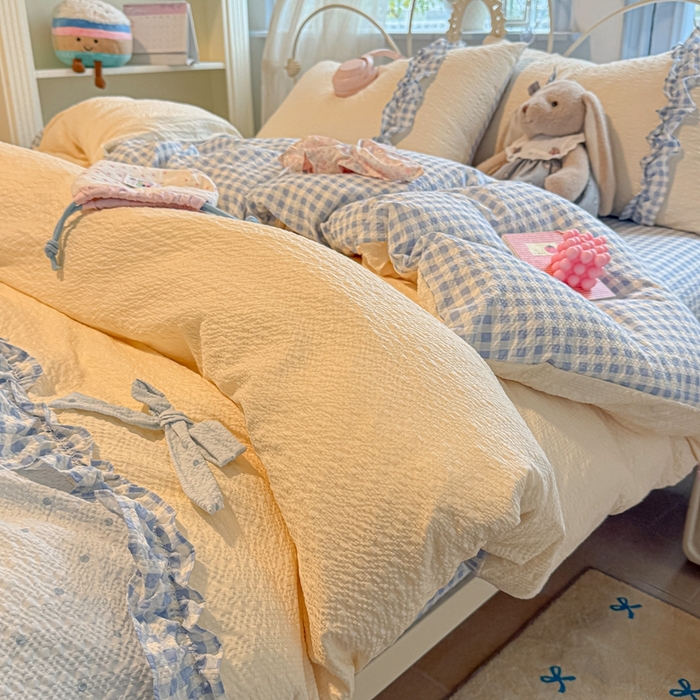 91家纺网 家纺一手货源 找家纺 子钦家纺 2026春夏新款提花泡芙棉甜系格子软乎乎的治愈床品花边蝴蝶结床单床笠四件套-邹邹奶芙 邹邹奶芙-海盐蓝波点