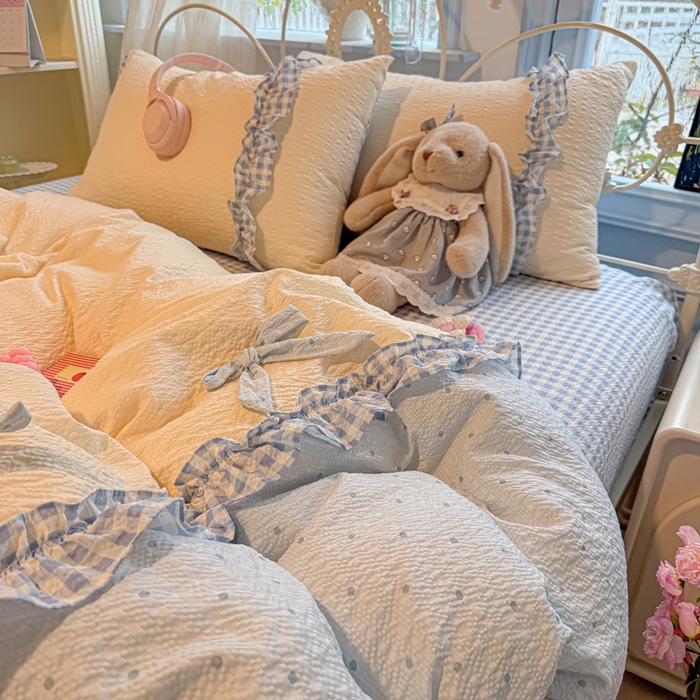 91家纺网 家纺一手货源 找家纺 子钦家纺 2026春夏新款提花泡芙棉甜系格子软乎乎的治愈床品花边蝴蝶结床单床笠四件套-邹邹奶芙 邹邹奶芙-海盐蓝波点