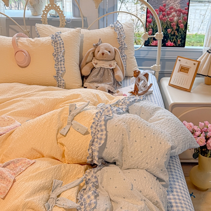 91家纺网 家纺一手货源 找家纺 子钦家纺 2026春夏新款提花泡芙棉甜系格子软乎乎的治愈床品花边蝴蝶结床单床笠四件套-邹邹奶芙 邹邹奶芙-海盐蓝波点