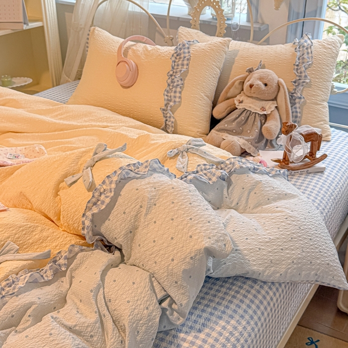91家纺网 家纺一手货源 找家纺 子钦家纺 2026春夏新款提花泡芙棉甜系格子软乎乎的治愈床品花边蝴蝶结床单床笠四件套-邹邹奶芙 邹邹奶芙-海盐蓝波点