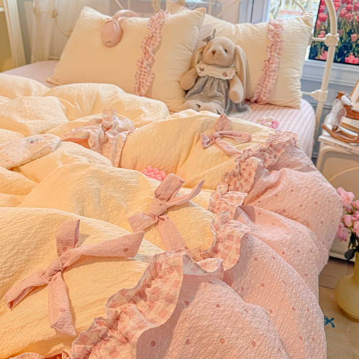 91家纺网 家纺一手货源 找家纺 子钦家纺 2026春夏新款提花泡芙棉甜系格子软乎乎的治愈床品花边蝴蝶结床单床笠四件套-邹邹奶芙 邹邹奶芙-奶粉波点