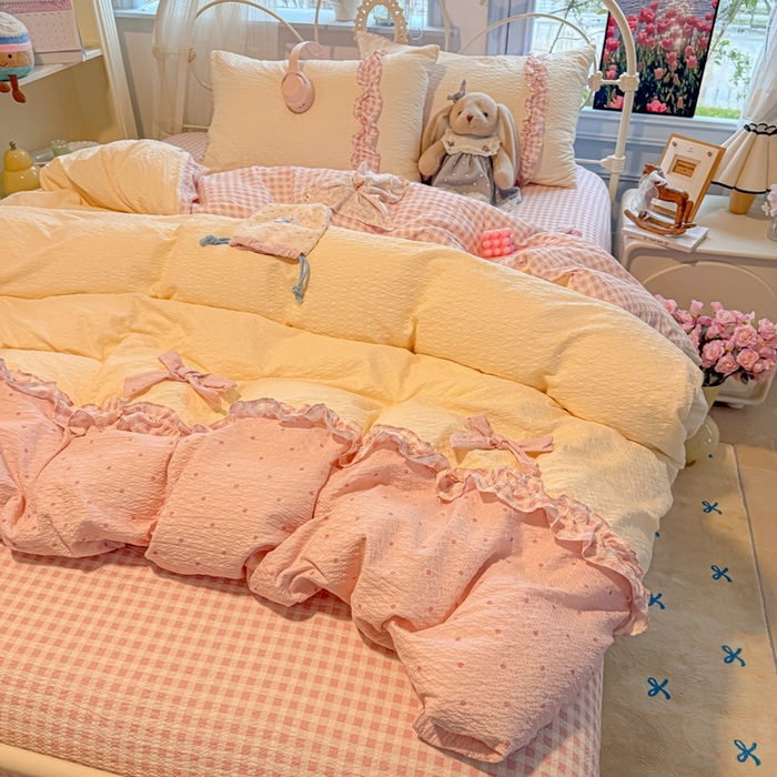 91家纺网 家纺一手货源 找家纺 子钦家纺 2026春夏新款提花泡芙棉甜系格子软乎乎的治愈床品花边蝴蝶结床单床笠四件套-邹邹奶芙 邹邹奶芙-奶粉波点