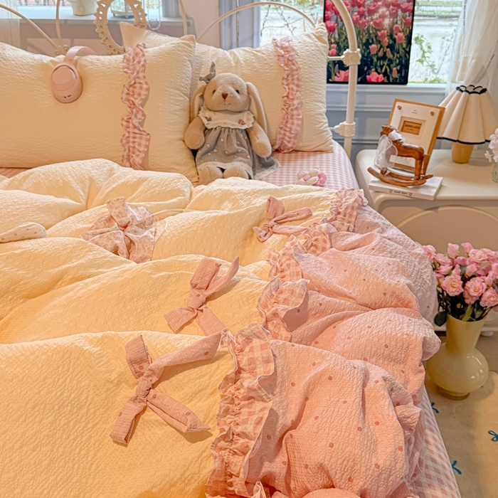 子钦家纺 2026春夏新款提花泡芙棉甜系格子软乎乎的治愈床品花边蝴蝶结床单床笠四件套-邹邹奶芙 邹邹奶芙-奶粉波点